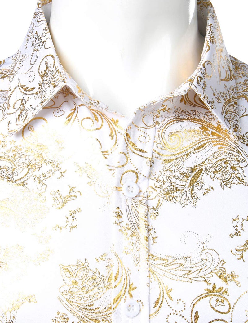 ZEROYAA Men's Luxury Paisley Gold Shiny Printed Stylish Slim Fit Button Down Dress Shirt ZLCL18 White Gold X-Large - Image 3